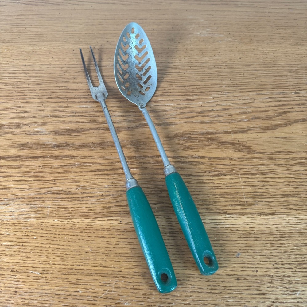 Vintage EKCO A&J Slotted‎ Spoon and Meat Fork Set Green Wood Handle Made in USA
